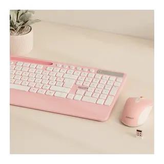 Kablosuz Klavye Mouse Seti - Telefon & Tablet Standlı (Beyaz/Pembe)