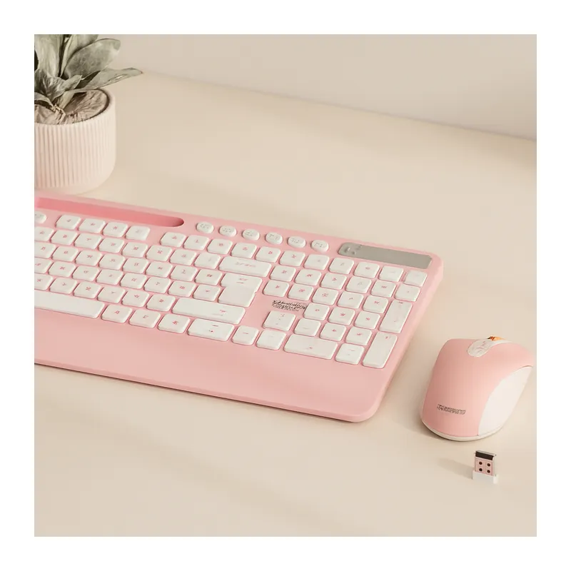 Kablosuz Klavye Mouse Seti - Telefon & Tablet Standlı (Beyaz/Pembe)