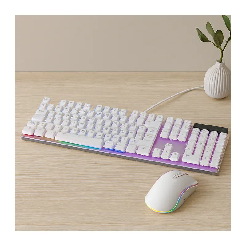 USB Kablolu Oyuncu Klavye ve Mouse Seti - Beyaz RGB