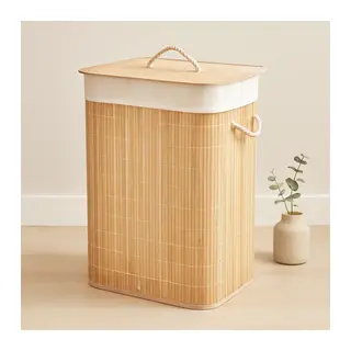 Bambu Kirli Çamaşır Sepeti 40x30x60 cm - Kapaklı İpli Kumaş Torbalı