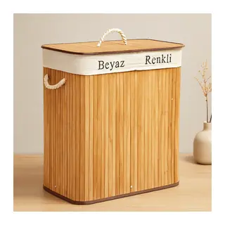 Bambu Ahşap 2 Bölmeli Çamaşır Sepeti 52x32x62 cm