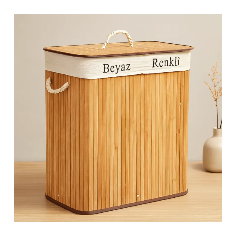 Bambu Ahşap 2 Bölmeli Çamaşır Sepeti 52x32x62 cm