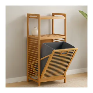 2 Katlı Bambu Çamaşır Sepeti Önden Çek-Aç Organizer 40x35x95 cm