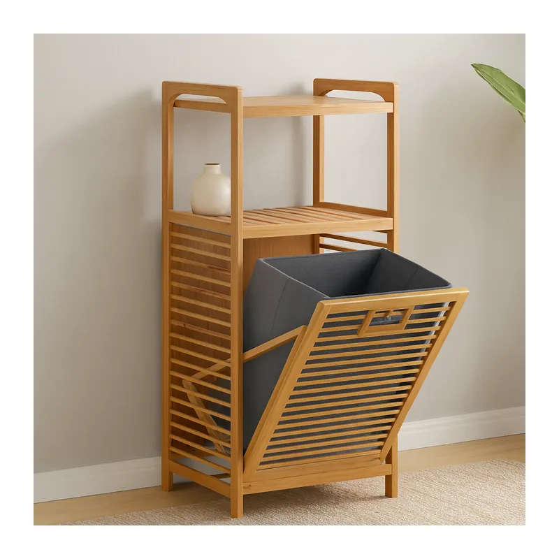 2 Katlı Bambu Çamaşır Sepeti Önden Çek-Aç Organizer 40x35x95 cm