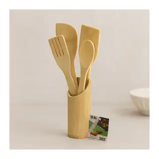 Ahşap bambu mutfak servis seti - kaşık, çatal, spatula ve stand