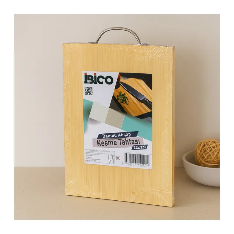 Bambu Ahşap Kesme Tahtası 22x32x1.7 cm (Metal Kulplu)