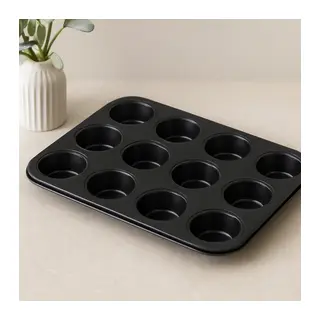 12 Gözlü Metal Muffin Kek Kalıbı - Siyah (Düz)