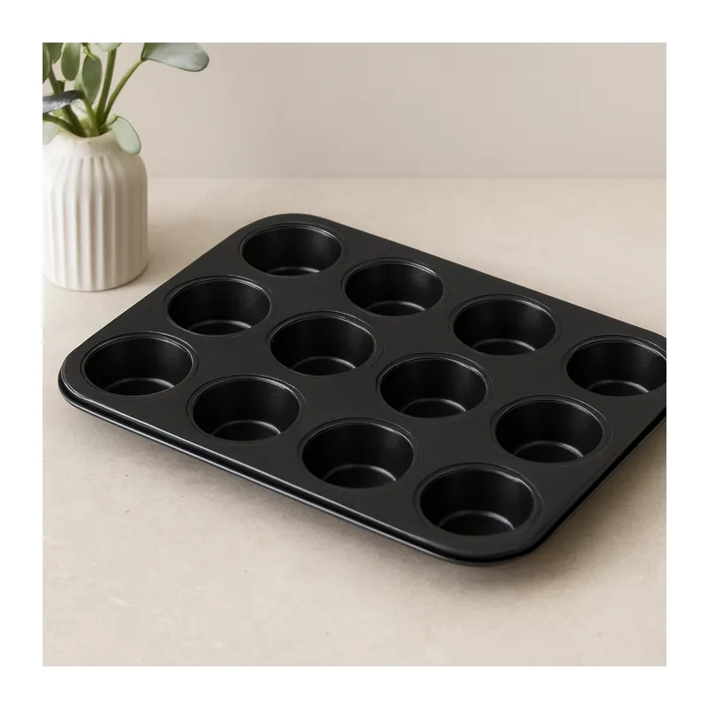12 Gözlü Metal Muffin Kek Kalıbı - Siyah (Düz)