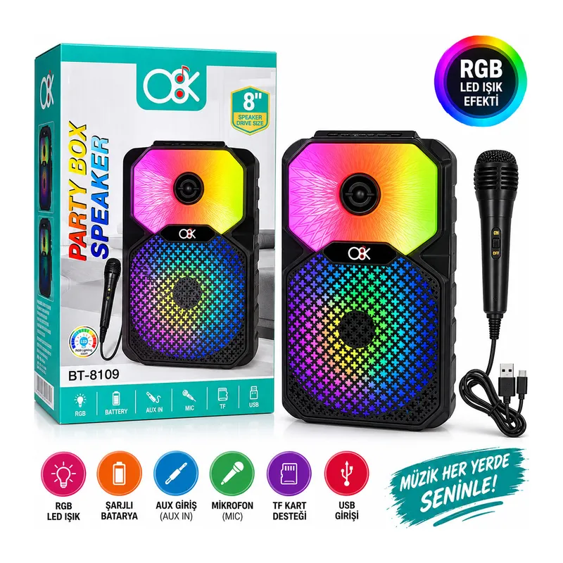 PL-4805 Karaoke Mikrofonlu Speaker Hoparlör Bt - Sd - Usb Sarjlı Rgb Işıklı Dc 5V - Aux 8 Inc BT-8109
