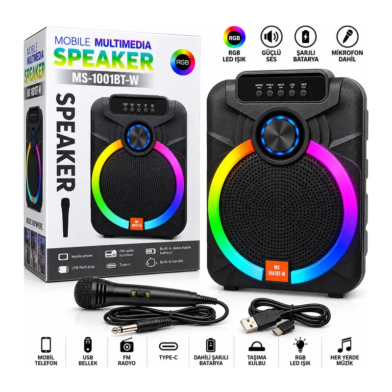 10 Inc Karaoke Mikrofonlu Speaker Hoparlör Bt - Sd - Usb Sarjlı Rgb Işıklı Dc 5V - Aux MS-1001BT-2 PL-4800