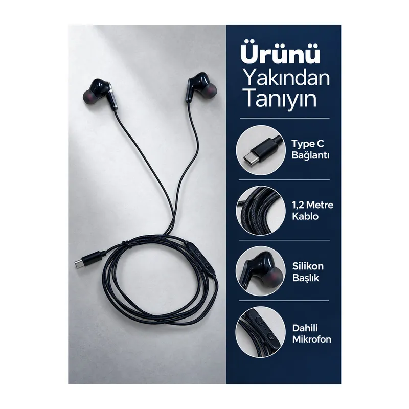 Dahili Mikrofonlu Type C Kablolu Kulaklık Siyah Gövde