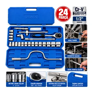 24 Parça 1/2 Inc Dr.socket Set Lokma - Soket - Adaptör - Cırcır Kolu Chrome Vanadıum Metal Çantalı