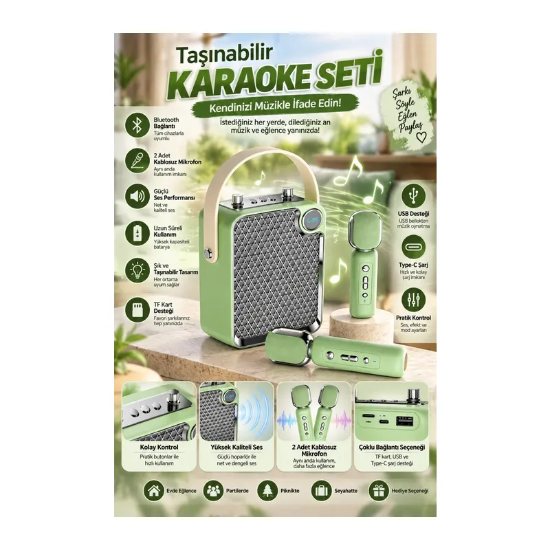 Bluetooth Karaoke Hoparlör 2 Mikrofonlu Taşınabilir Şarjlı Müzik Seti Ses Değiştirme Özl yeşil