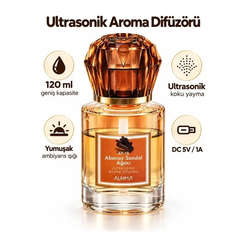 Ultrasonik Aroma Difüzörü 120 ML Abanoz Sandal Ağacı Kokulu LED Işıklı Araç ve Oda Kokusu