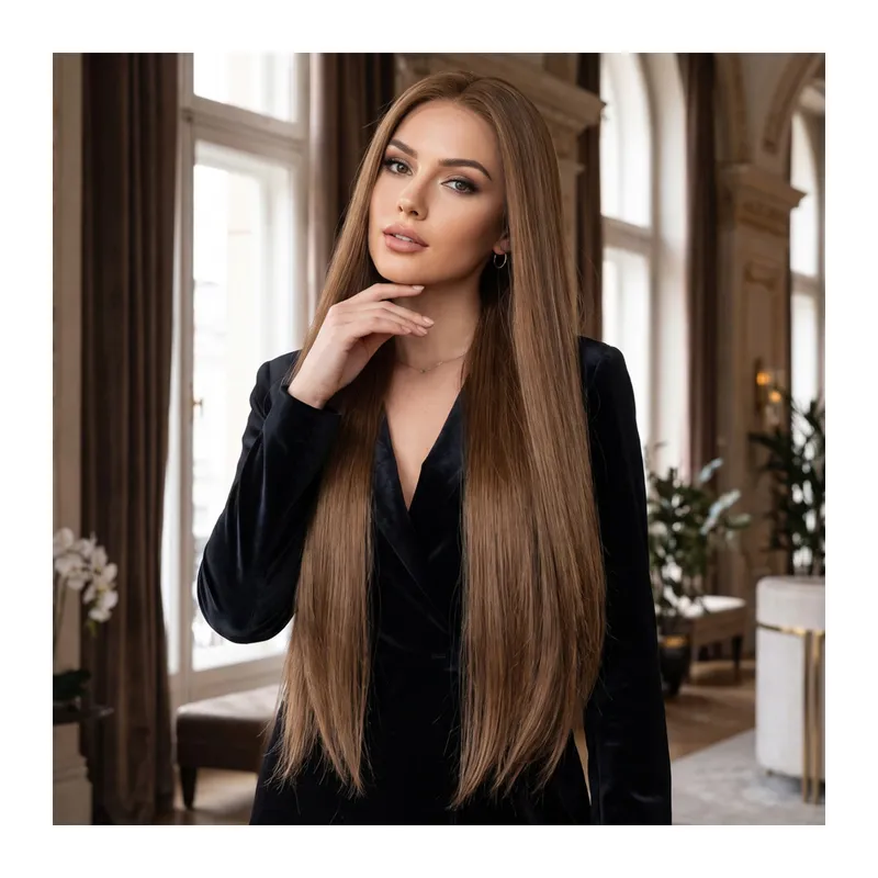 Dip Uç Dolu Sıcak Kestane Kahve Tül Peruk Front Lace Düz %100 Gerçek Saç - 70-75cm