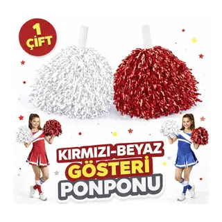 1 Çift (2 Adet) Kırmızı-Beyaz Renk 23 Nisan 19 Mayıs 29 Ekim Okul Gösteri Ponponları Ekstra Dolgun