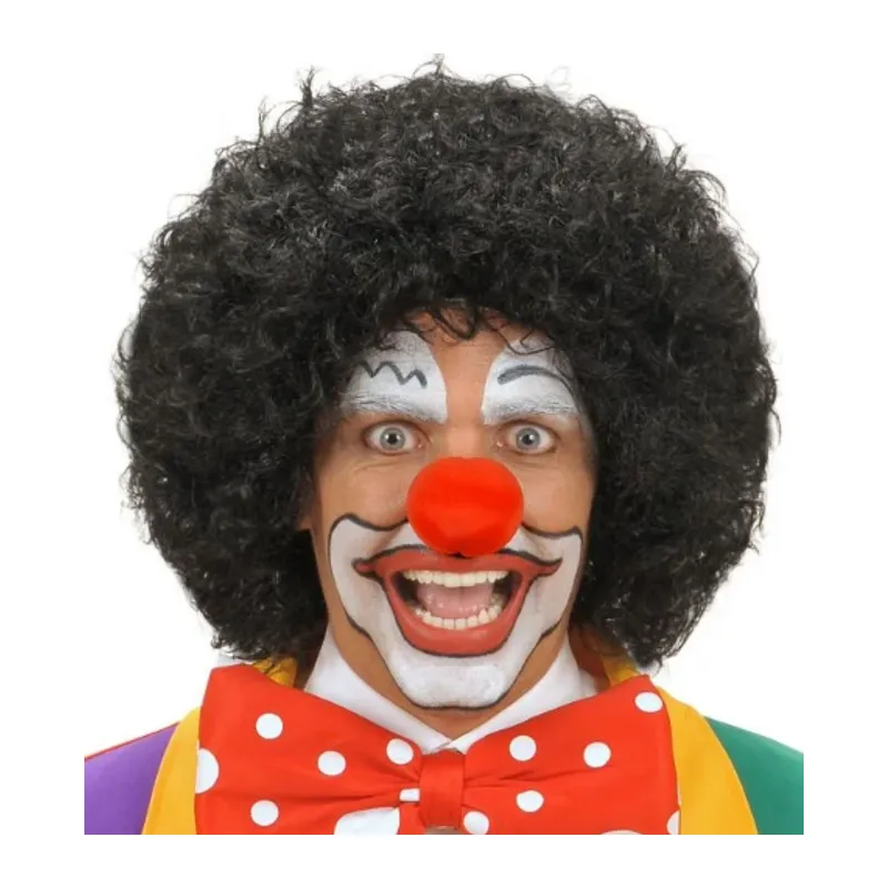 Siyah Renk Kıvırcık Afro Bonus Peruk Saç ve Kırmızı Sünger Burun Seti