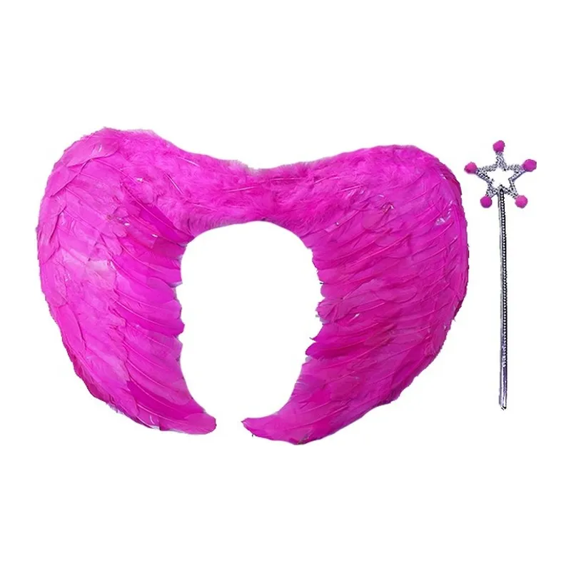 Gerçek Tüylü Katlanabilir Çocuk Pembe Melek Kanadı ve Asa Seti 40x55 cm