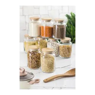 9 Lu Set Bambu Kapaklı Cam Kavanoz & Erzak Saklama Kabı 800 ml Orta Boy (Vakum Kapak)