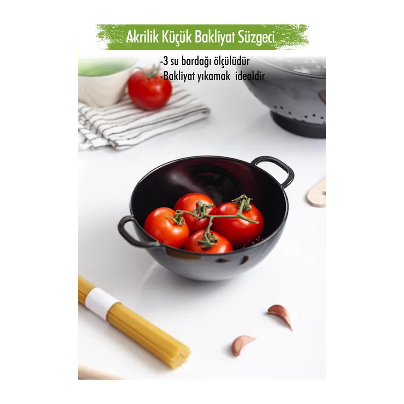 Akrilik Siyah Mini Pirinç Süzgeçi & Bakliyat Süzgeçi (3 SU BARDAĞI ÖLÇÜLÜ)