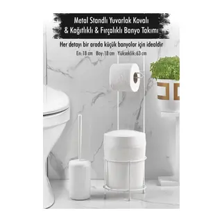 Metal Standlı Yuvarlak Kovalı & Kağıtlıklı & Fırçalıklı Beyaz Banyo Takımı