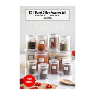 12'li Barok Yuvarlak 3 Boy Kavanoz Seti & Saklama Kabı & Erzak Kabı (4*1000 ML, 4*500 ML,4*250 ML)