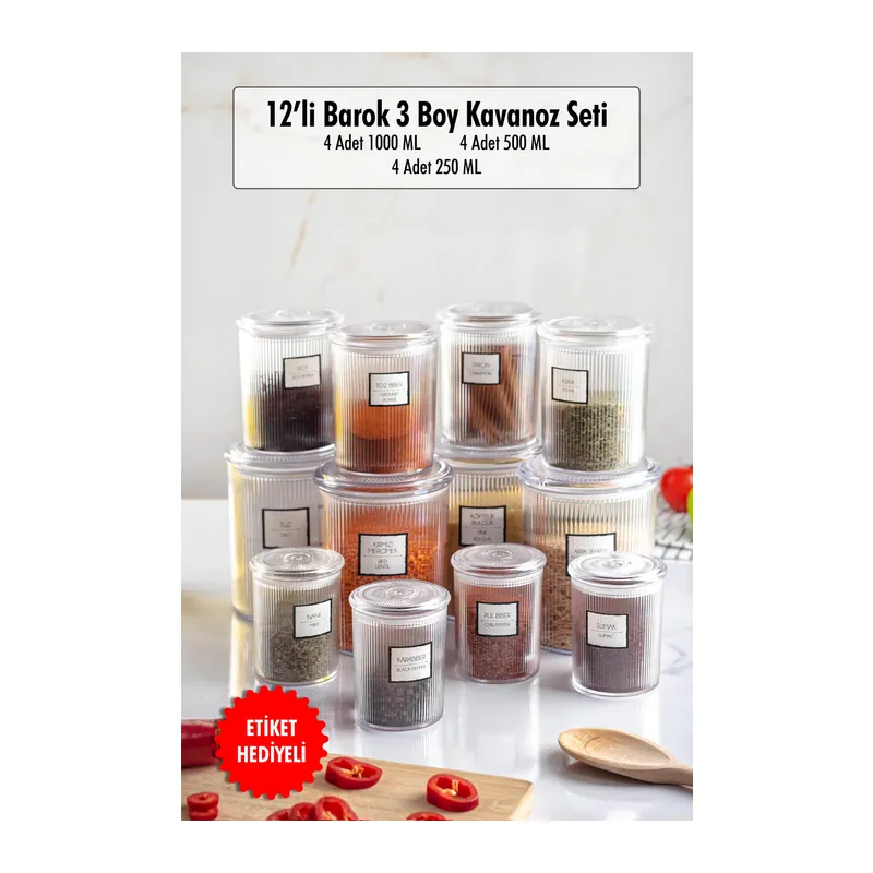 12'li Barok Yuvarlak 3 Boy Kavanoz Seti & Saklama Kabı & Erzak Kabı (4*1000 ML, 4*500 ML,4*250 ML)