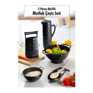 Akrilik Siyah 5 Parça Sürahi & Rende & Süzgeç & Mini Süzgeç & Kaşıklık & Mutfak Çeyiz Seti