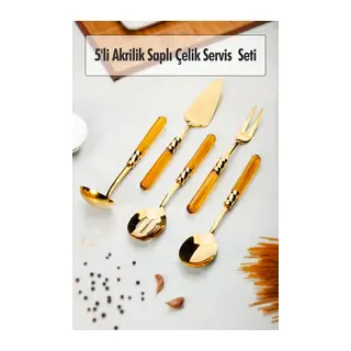5 Parça Gold Servis Seti & Servis Sunum Seti Amber (Kepçe / Kevgir / Sıpatula / Çatal / Kaşık)