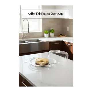 Şeffaf Akrilik Kek Fanusu ve Servis Seti – 33 x 39 x 14 cm (4 Parça)