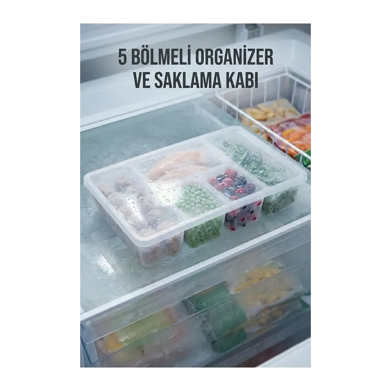 5 Bölmeli Şeffaf Buzdolabı İçi Düzenleyici & Kapaklı Dondurucu Saklama Kabı (24x38 cm)