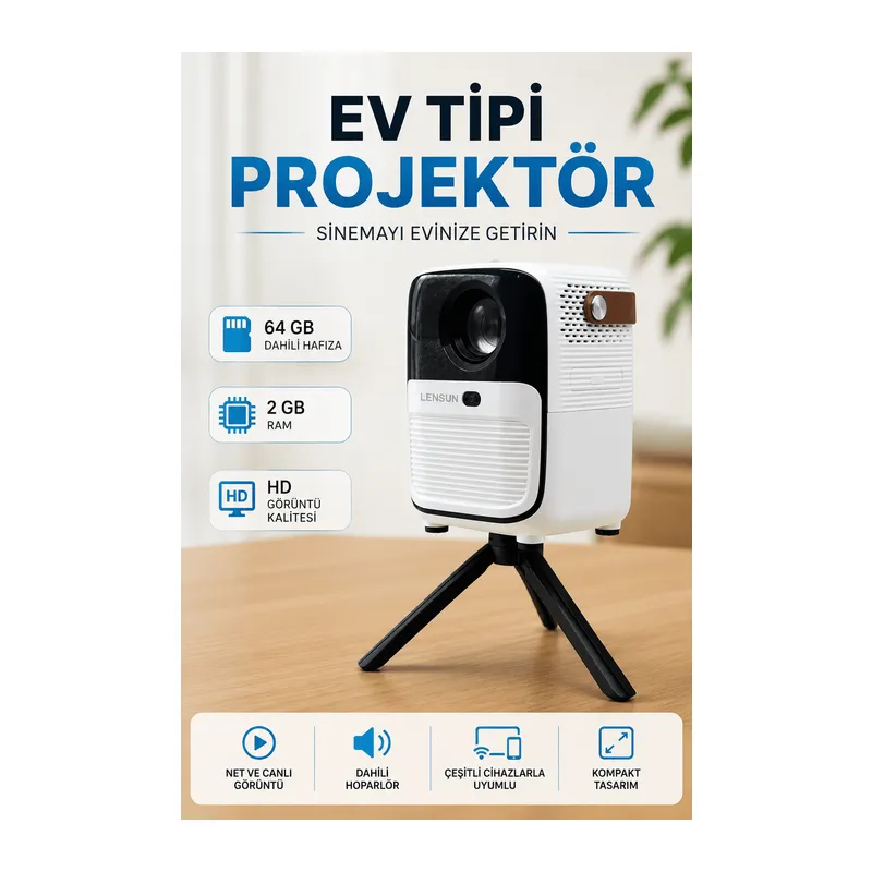 Projector Ev Tipi 64 Gb 2 Gb Rem Hafıza Hd Görüntü Kumandalı