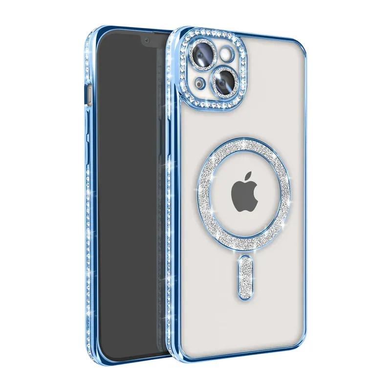 Apple iPhone 14 Kılıf Joke Simli Magneticsafe Kılıf - Mavi