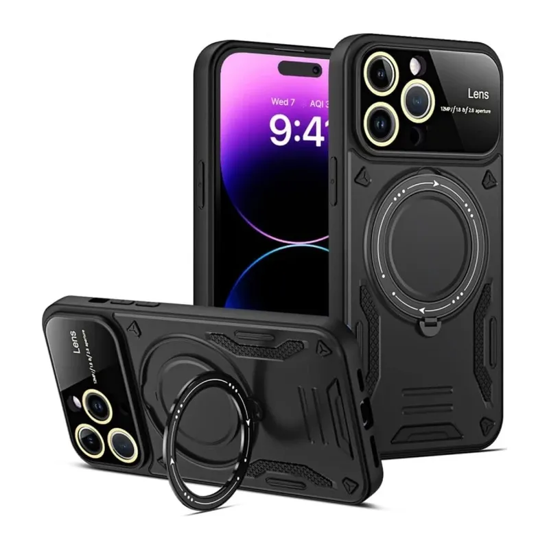 Apple iPhone 15 Pro Kılıf Joy Lens Standlı Kapak - Siyah