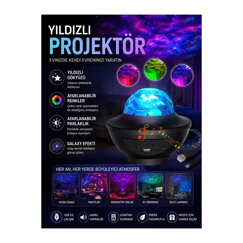 Galaxy Efektli LED Gece Lambası Projektörü Bluetooth Bağlantılı