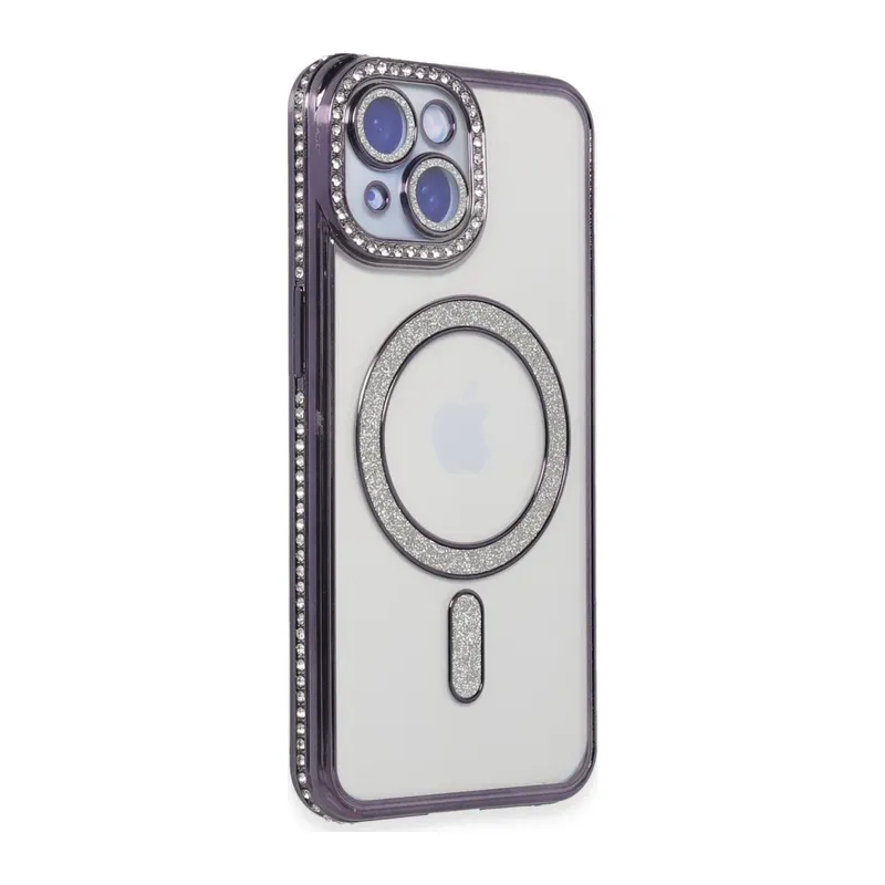 Apple iPhone 13 Kılıf Joke Simli Magneticsafe Kılıf - Derin Mor