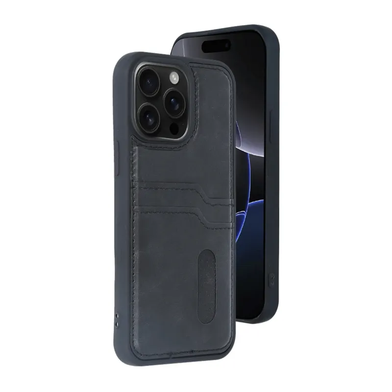 Apple iPhone 15 Pro Max Kılıf Sara Kartvizitli Deri Kılıf - Siyah