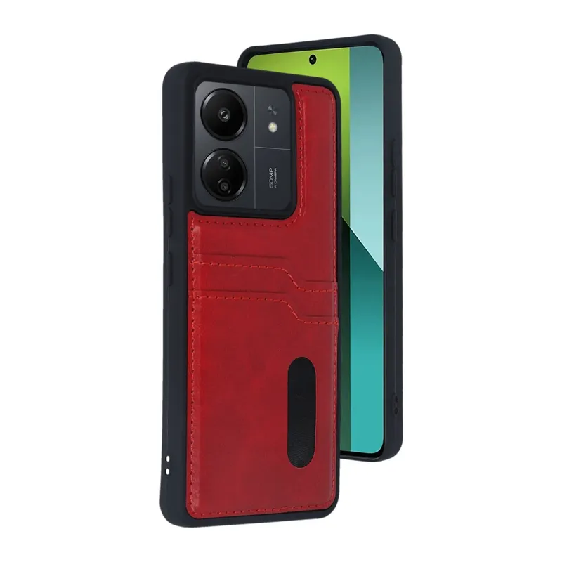 Xiaomi Redmi 13C Kılıf Sara Kartvizitli Deri Kılıf - Kırmızı