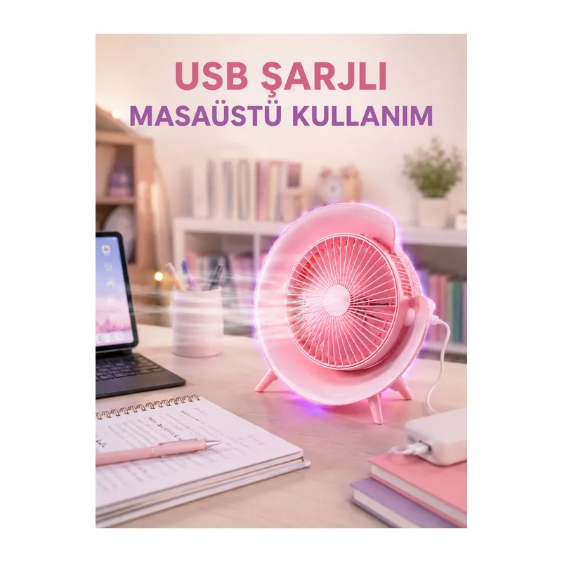 Gece Lambası Özellikli Şarjlı Mini Masaüstü Fan