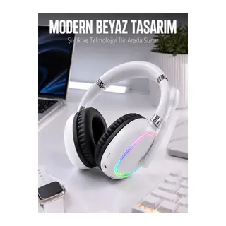 Kablosuz Bluetooth Mikrofonlu Beyaz Kulaklık RGB Işıklı