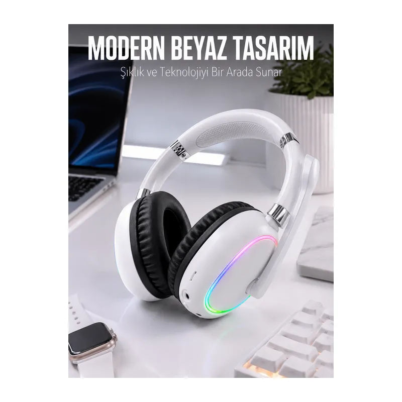 Kablosuz Bluetooth Mikrofonlu Beyaz Kulaklık RGB Işıklı