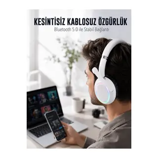 RGB Işıklı Mikrofonlu Bluetooth Kulaklık Beyaz Over-Ear Tasarım Type-C Şarjlı