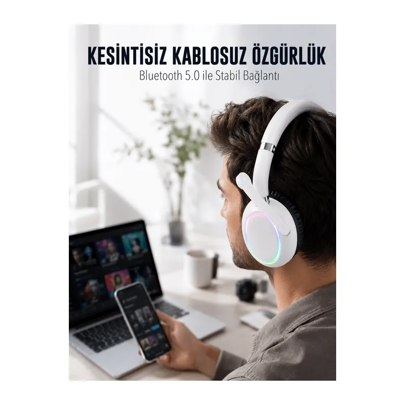 RGB Işıklı Mikrofonlu Bluetooth Kulaklık Beyaz Over-Ear Tasarım Type-C Şarjlı