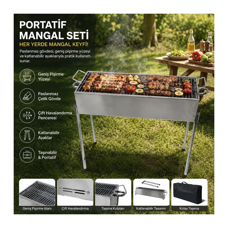 Paslanmaz Mangal Portatif Ayaklı - Standlı 70CM