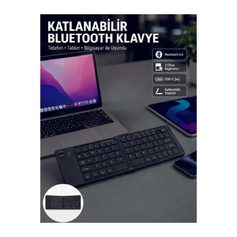 Katlanabilir Bluetooth Klavye 3 Cihaz Bağlantılı Kablosuz Taşınabilir Klavye