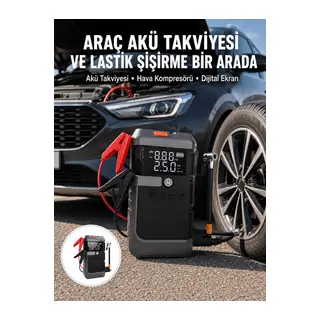 Araç İçin 4 Fonksiyonlu Akü Takviye ve Lastik Şişirme Cihazı Yeni Nesil