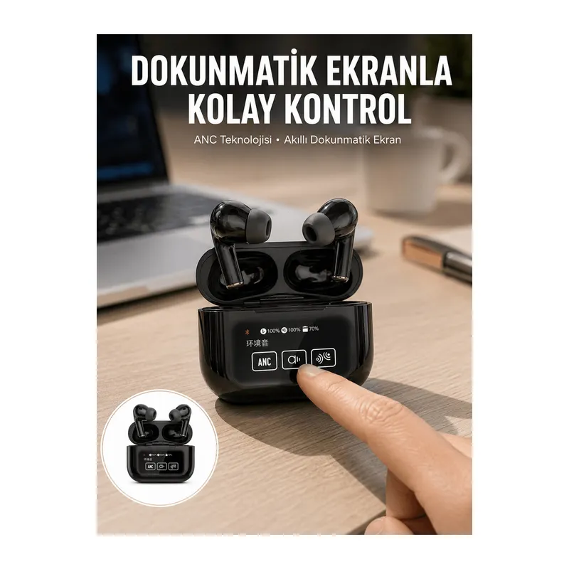 Yeni Nesil ANC Özellikli Çağrı Cevaplayan Dokunmatik Ekranlı Bluetooth Kulaklık Siyah Yeni Nesil