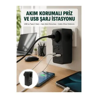 Isıya Dayanıklı PC Gövdeli Akım Korumalı Priz 4 USB Yeni Nesil