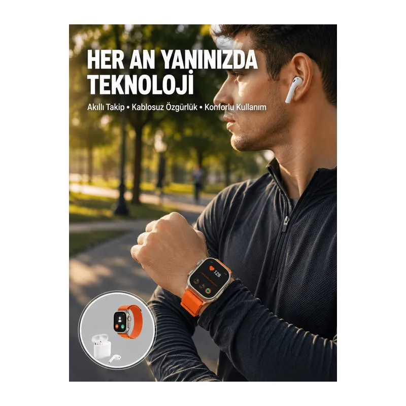 S8 Ultra Akıllı Saat ve Bluetooth Kablosuz Kulaklık 2’li Set Yeni Nesil