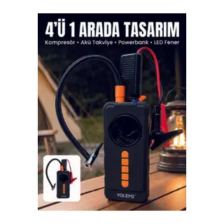 4'ü 1 Arada Akü Takviye Cihazı Dijital Lastik Şişirme Kompresörü 10000mAh Powerbank ve LED Fener